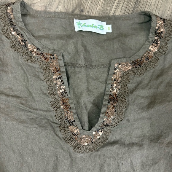 Lulu-B 100% Linen Womens S Blouse Brown Resort Travel Coverup Embellished Sequin - Picture 5 of 14